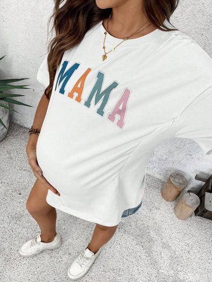 Mama Letter Print Maternity Nursing T-Shirt Loose Fit Short Sleeve Cotton Nursing Top in Apricot for Mother's Day and Spring