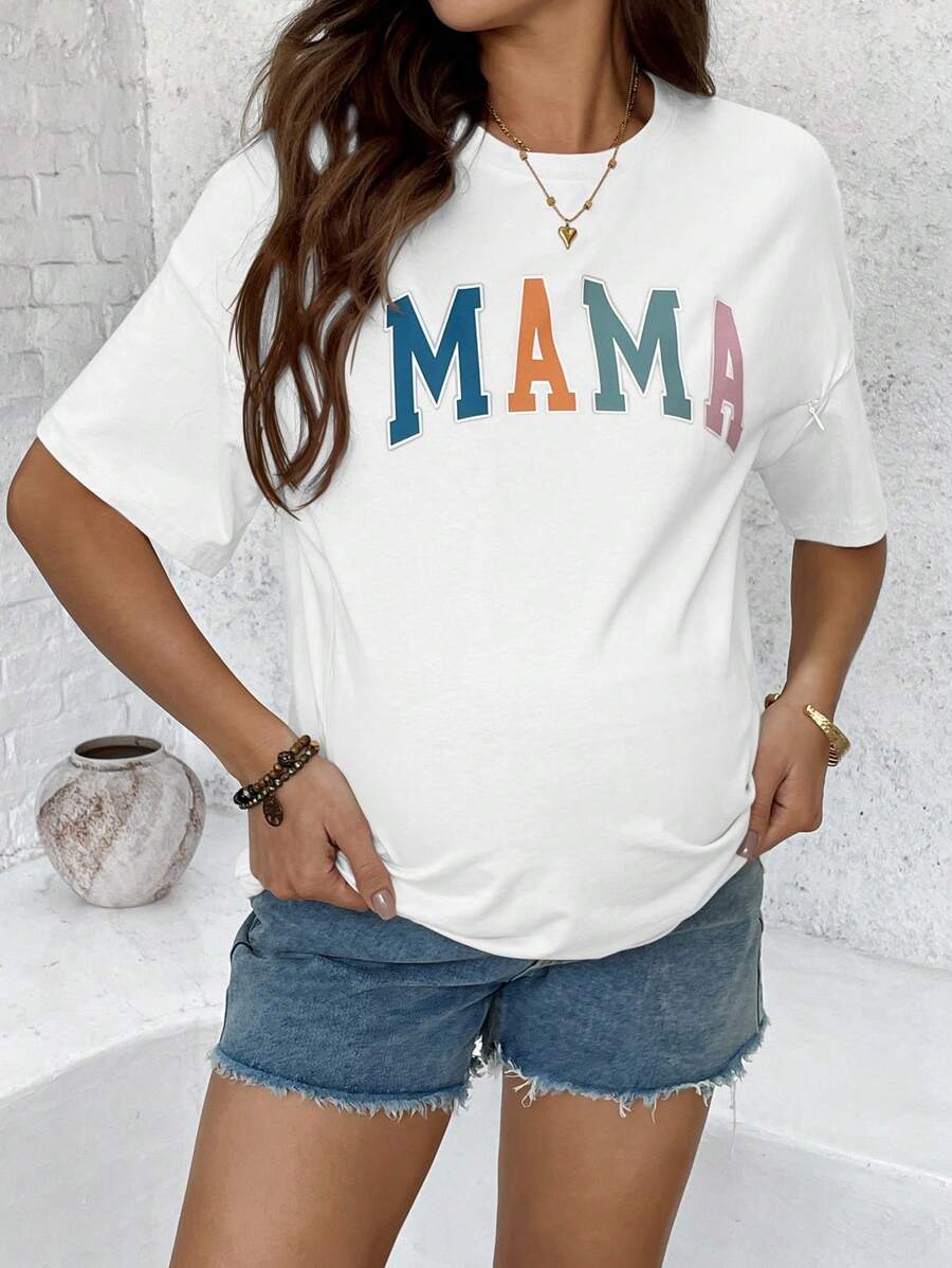 Mama Letter Print Maternity Nursing T-Shirt Loose Fit Short Sleeve Cotton Nursing Top in Apricot for Mother's Day and Spring