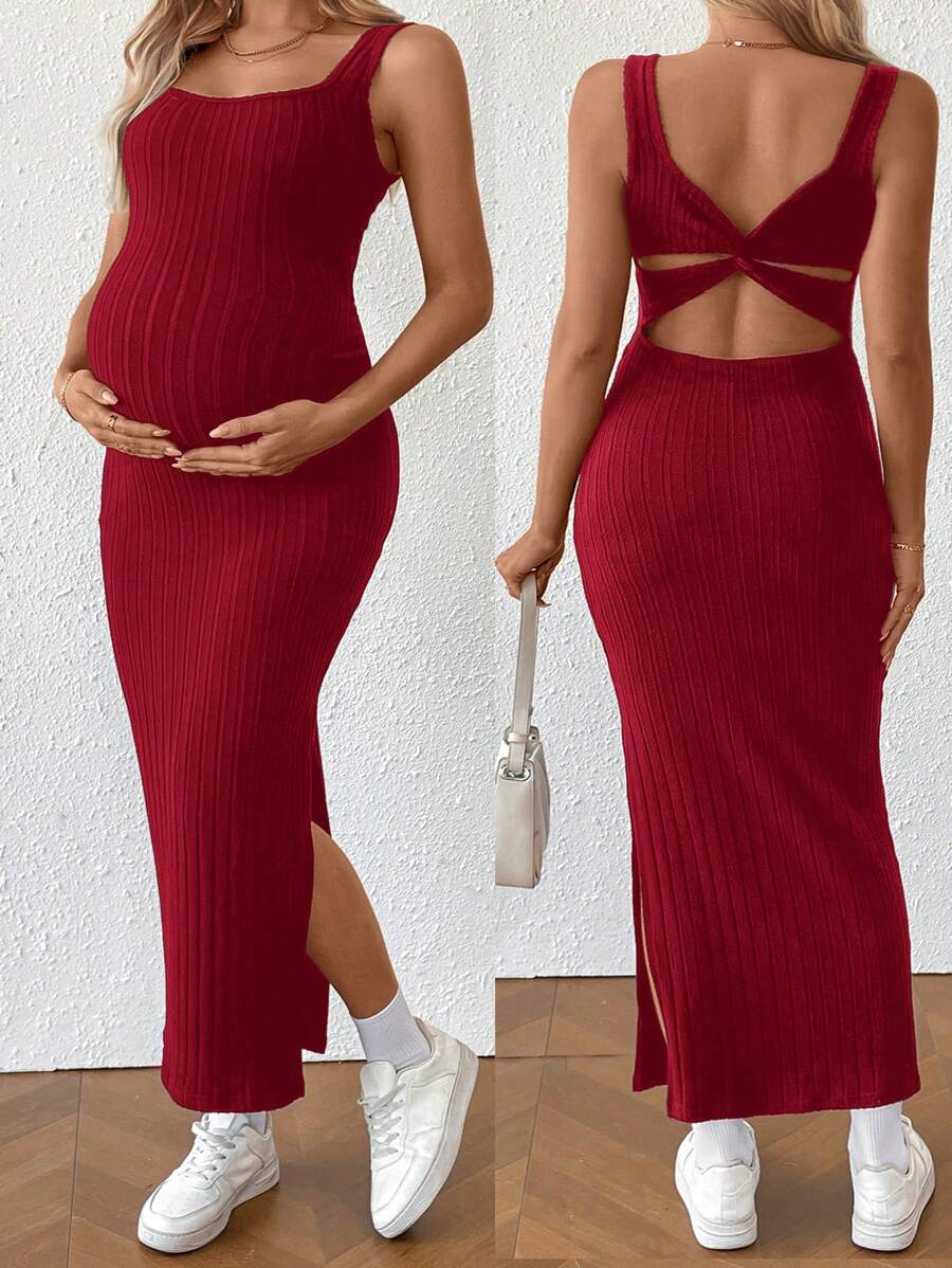 Maternity Summer Minimalist Ribbed Twist Back Slit Midi Dress Apricot Sleeveless Cami Dress for Babymoon