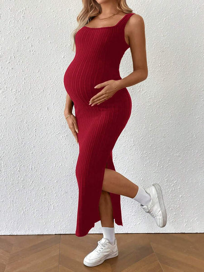 Dusty Pink Ribbed Maternity Bodycon Midi Dress with Twist Back and Side Slit Hem - Sleeveless Summer Knit Cami Dress