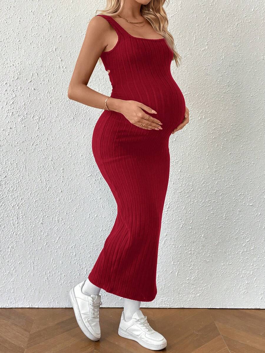 Dusty Pink Ribbed Maternity Bodycon Midi Dress with Twist Back and Side Slit Hem - Sleeveless Summer Knit Cami Dress