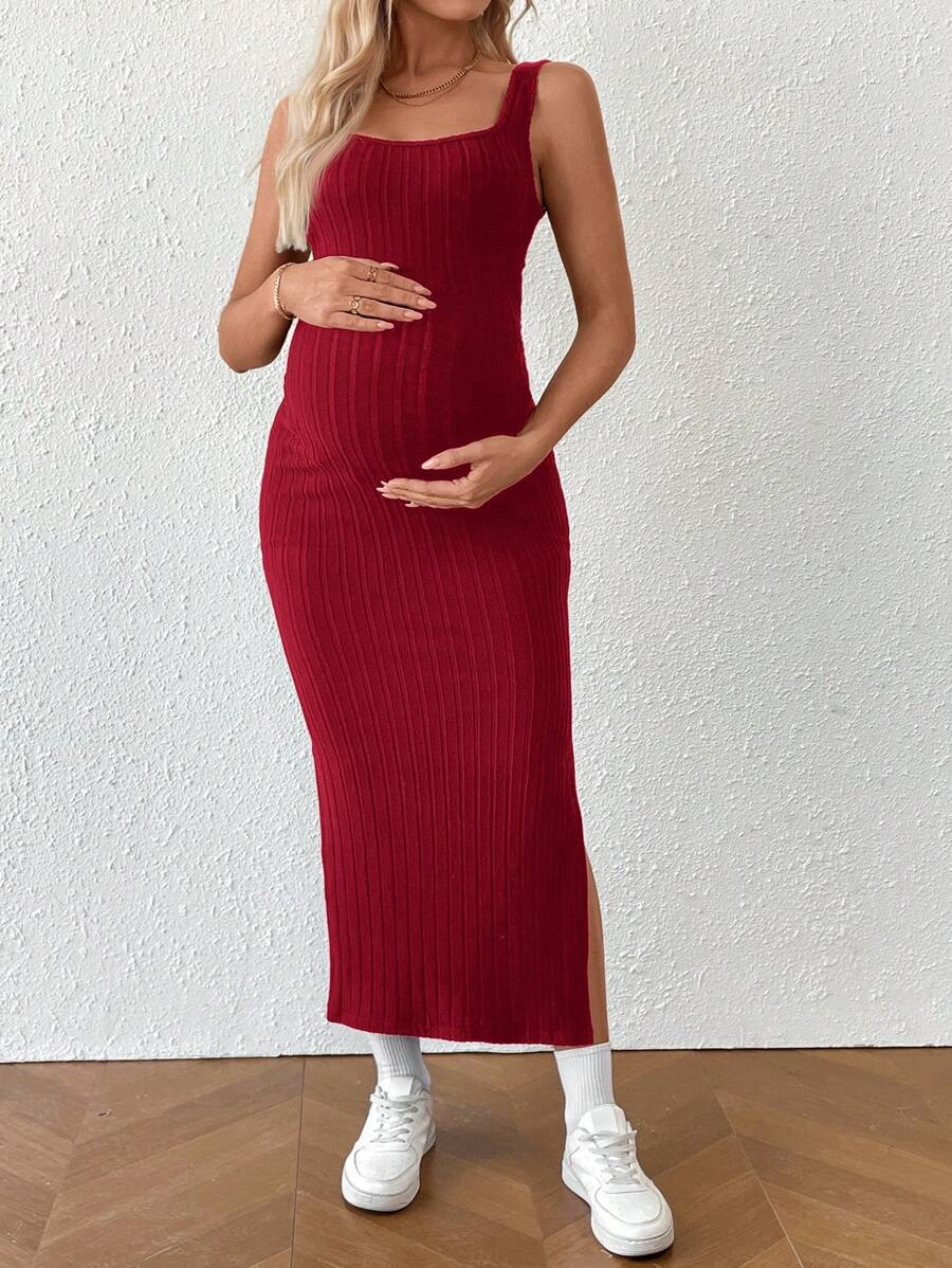 Maternity Solid Color Casual Ribbed Open Back Sleeveless Dress Two Piece Set Cut Out Maxi Skirt With