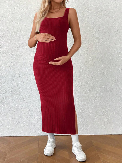 Maternity Solid Color Casual Ribbed Open Back Sleeveless Dress Two Piece Set Cut Out Maxi Skirt With