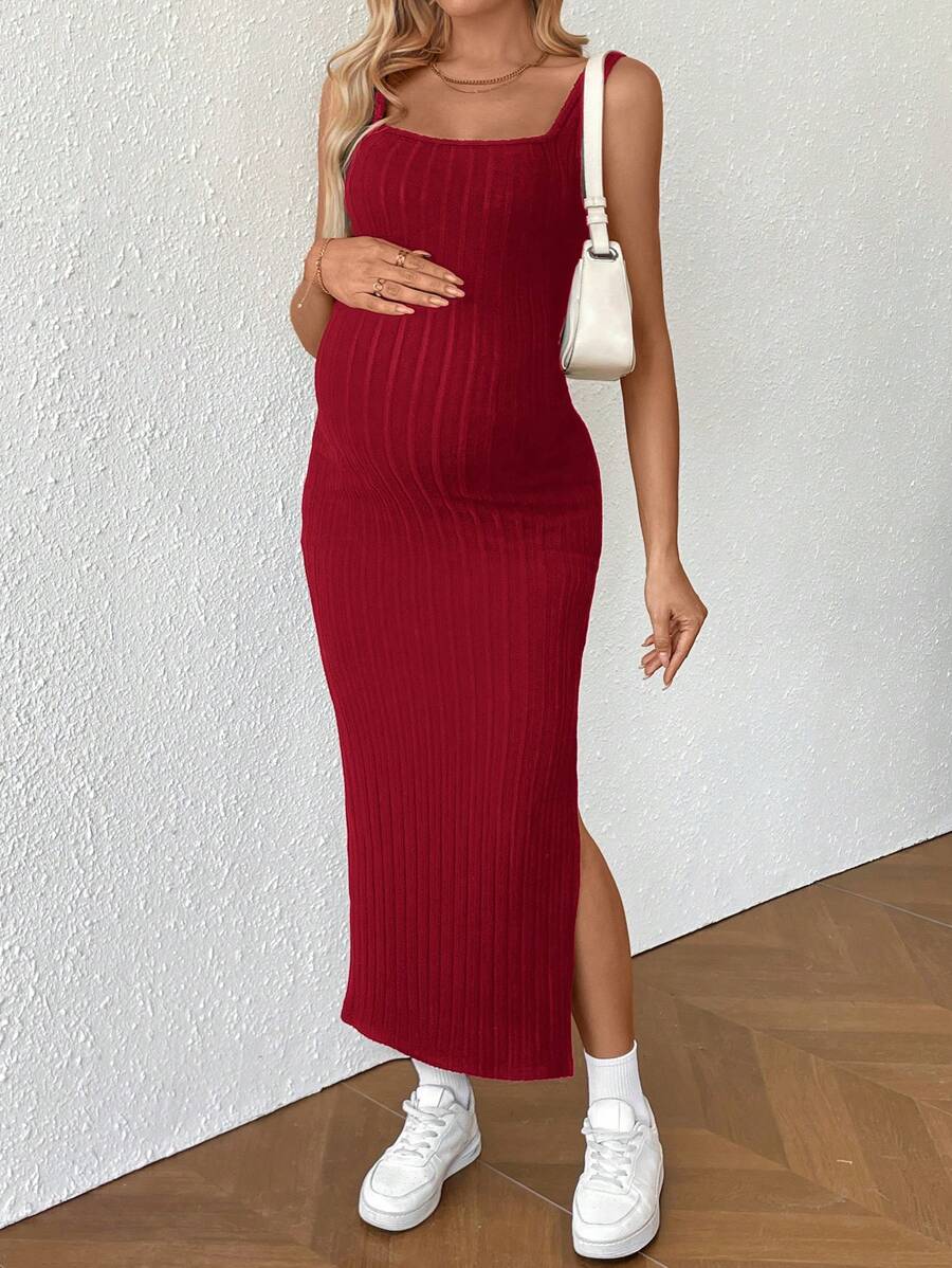 Maternity Summer Minimalist Ribbed Twist Back Slit Midi Dress Apricot Sleeveless Cami Dress for Babymoon