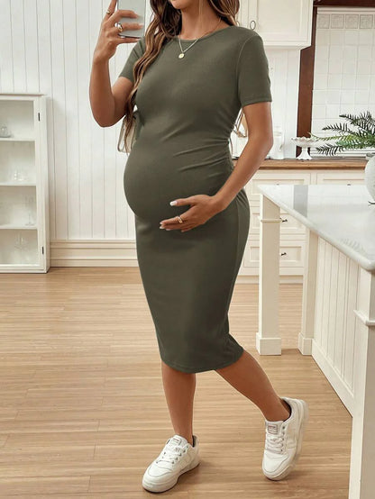 Maternity Short Sleeve Round Neck Bodycon Dress Slim Fit Ruched Knee Length Pencil Dress for Casual Street Style
