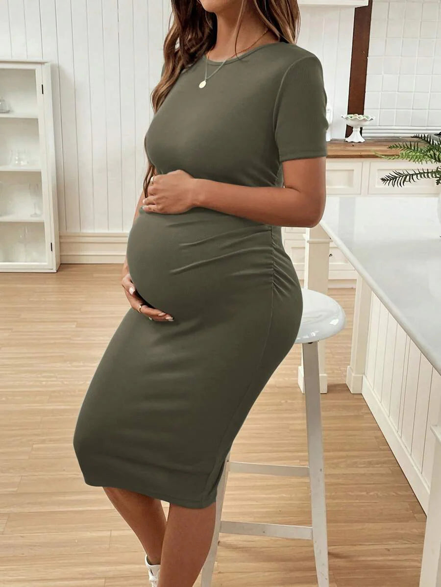 Maternity Short Sleeve Crew Neck Ruched Bodycon Dress Slim Fit Knee Length Solid Color Casual Streetwear Maternity T-Shirt Dress