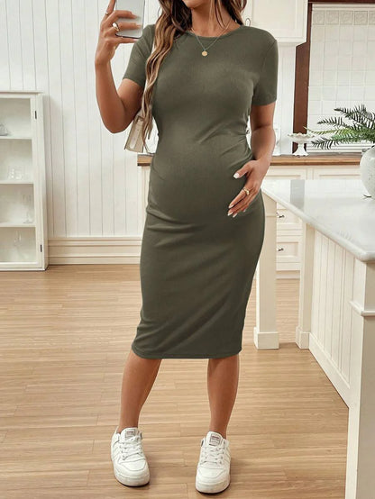 Maternity Short Sleeve Crew Neck Ruched Bodycon Dress Slim Fit Knee Length Solid Color Casual Streetwear Maternity T-Shirt Dress