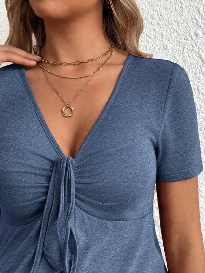 Maternity V-Neck Long Sleeve T-Shirt - Slim Fit Ruched Ruffle Hem Knitted Casual Top for Beach and Daily Wear