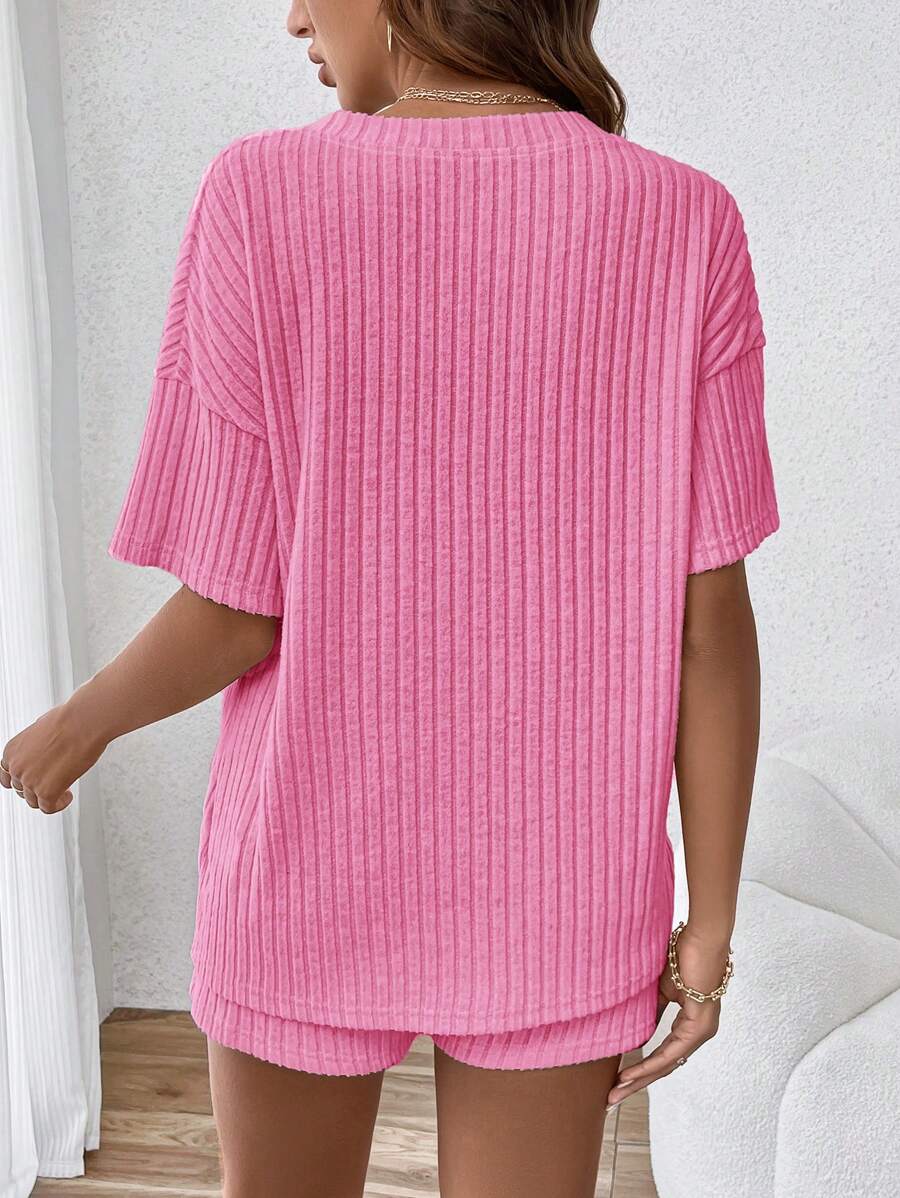 Casual V-Neck Rib-Knit Short Sleeve Tee and Shorts Maternity Set, Loose Fit Adjustable Waist 2-Piece Lounge Outfit
