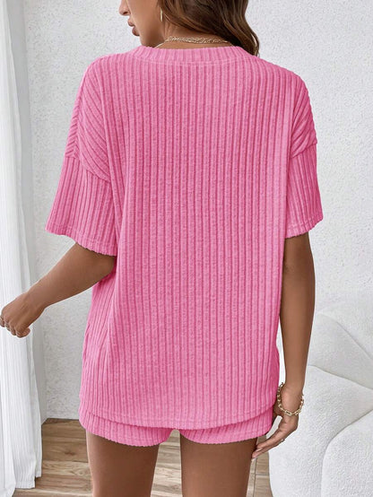 Casual V-Neck Rib-Knit Short Sleeve Tee and Shorts Maternity Set, Loose Fit Adjustable Waist 2-Piece Lounge Outfit