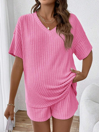 Maternity V-Neck Short Sleeve Rib-Knit Top and Adjustable Elastic Waist Shorts Set - Loose Fit Casual 2-Piece Lounge Outfit in Apricot