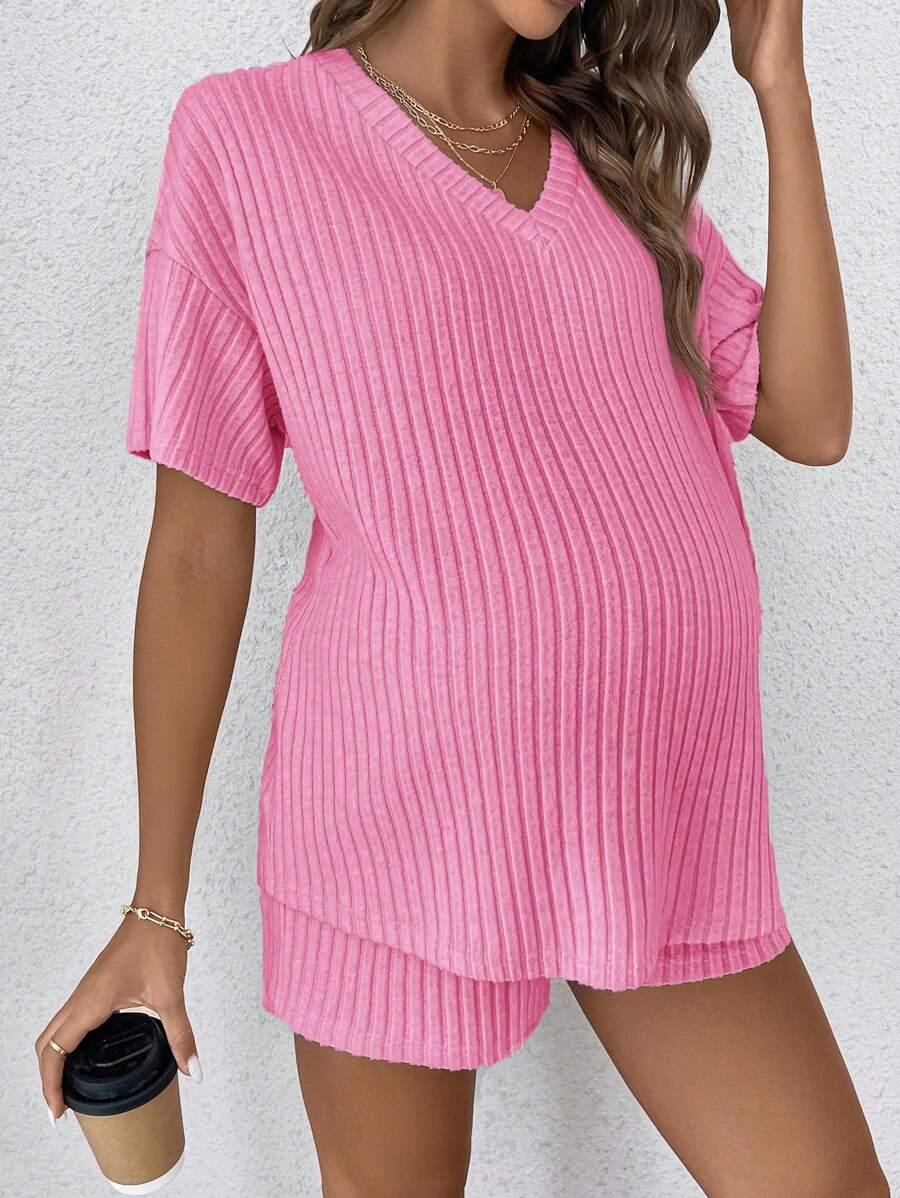Casual V-Neck Rib-Knit Short Sleeve Tee and Shorts Maternity Set, Loose Fit Adjustable Waist 2-Piece Lounge Outfit