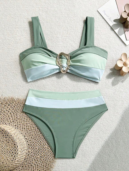 Swim Vcay Fashionable New Sexy Patchwork Color Block Thick Strap Top And High Waist Triangle Bottoms Bikini Swimsuit Set, Bodycon & Alluring For Summer Beach Vacation
