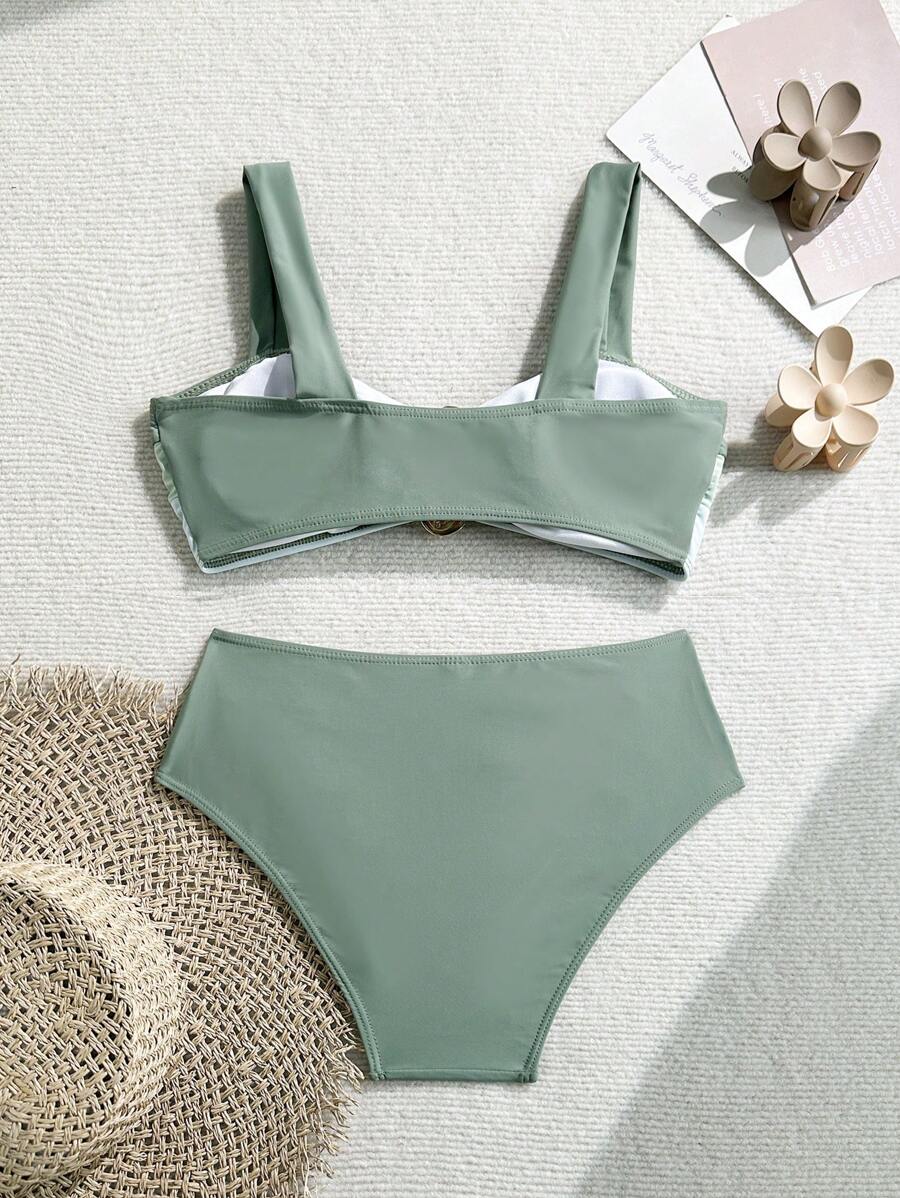 Swim Vcay Fashionable New Sexy Patchwork Color Block Thick Strap Top And High Waist Triangle Bottoms Bikini Swimsuit Set, Bodycon & Alluring For Summer Beach Vacation