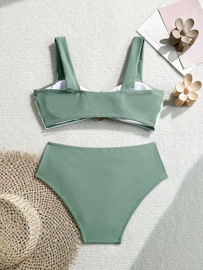 Swim Vcay Fashionable New Sexy Patchwork Color Block Thick Strap Top And High Waist Triangle Bottoms Bikini Swimsuit Set, Bodycon & Alluring For Summer Beach Vacation