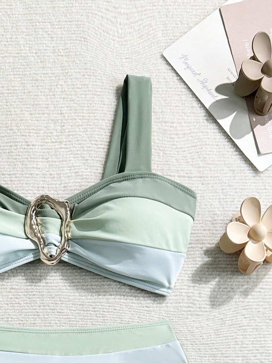 Swim Vcay Fashionable New Sexy Patchwork Color Block Thick Strap Top And High Waist Triangle Bottoms Bikini Swimsuit Set, Bodycon & Alluring For Summer Beach Vacation