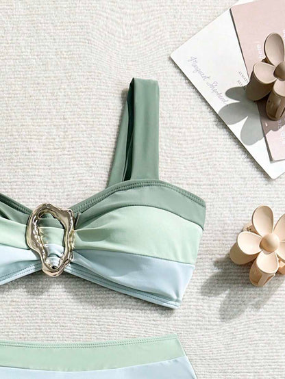 Swim Vcay Fashionable New Sexy Patchwork Color Block Thick Strap Top And High Waist Triangle Bottoms Bikini Swimsuit Set, Bodycon & Alluring For Summer Beach Vacation