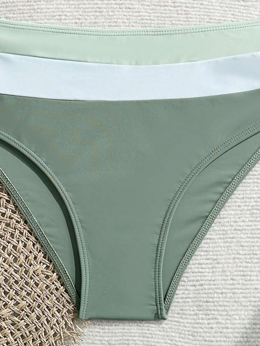 Swim Vcay Fashionable New Sexy Patchwork Color Block Thick Strap Top And High Waist Triangle Bottoms Bikini Swimsuit Set, Bodycon & Alluring For Summer Beach Vacation
