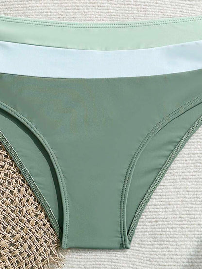 Swim Vcay Fashionable New Sexy Patchwork Color Block Thick Strap Top And High Waist Triangle Bottoms Bikini Swimsuit Set, Bodycon & Alluring For Summer Beach Vacation