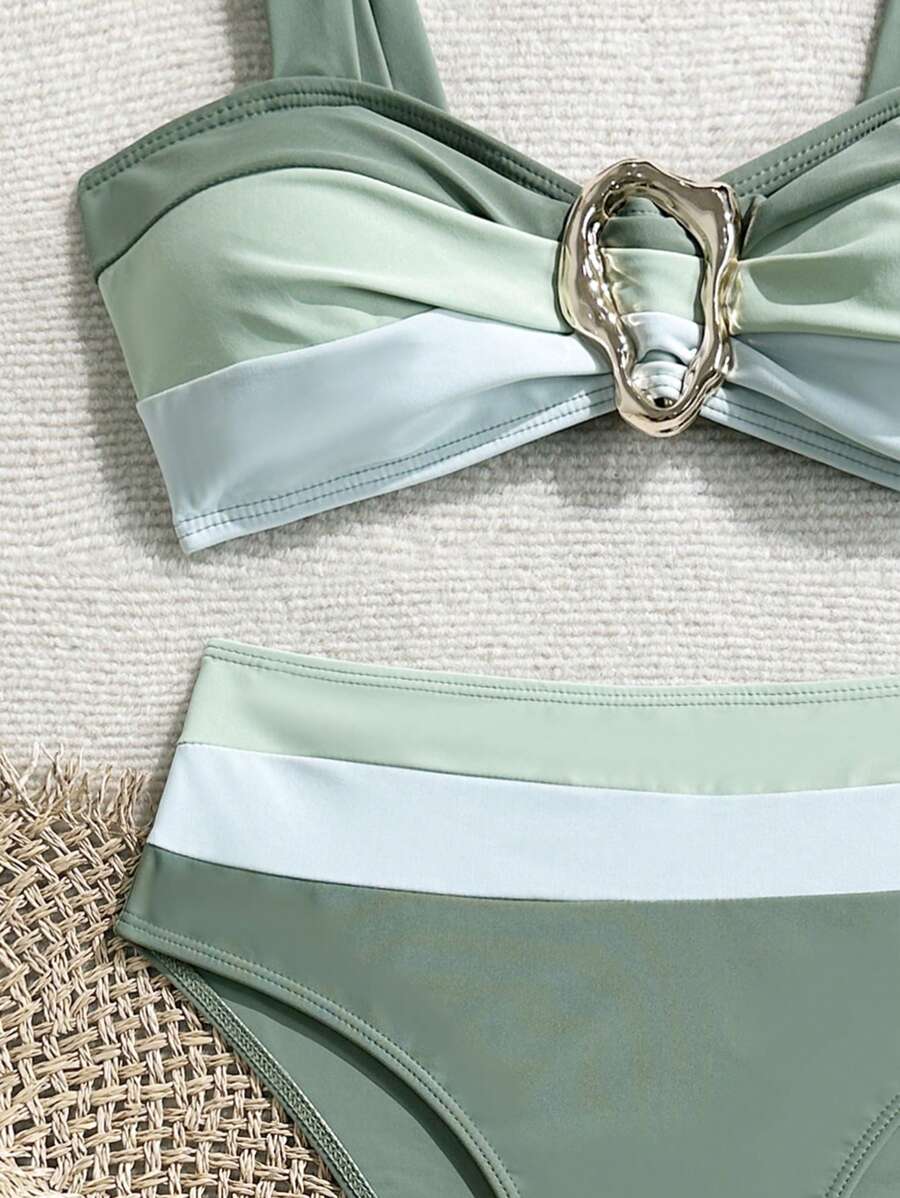 Swim Vcay Fashionable New Sexy Patchwork Color Block Thick Strap Top And High Waist Triangle Bottoms Bikini Swimsuit Set, Bodycon & Alluring For Summer Beach Vacation