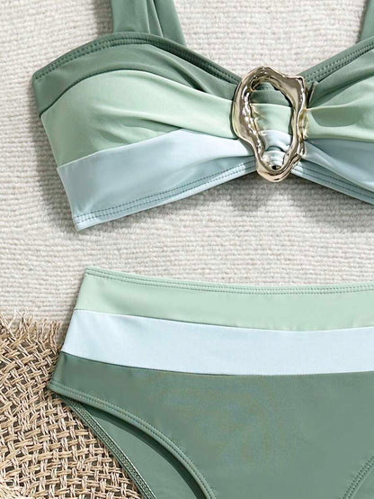 Swim Vcay Fashionable New Sexy Patchwork Color Block Thick Strap Top And High Waist Triangle Bottoms Bikini Swimsuit Set, Bodycon & Alluring For Summer Beach Vacation