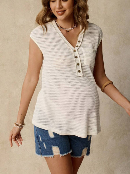 Apricot V-Neck Maternity T-Shirt with Batwing Short Sleeves and Button Detail - Breathable Summer Office Knit Top