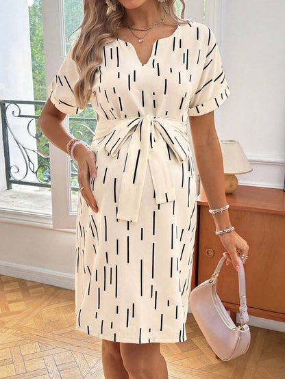 Maternity Casual Notched Neck Short Sleeve A-Line Dress High Waist Batwing Sleeve Mini Dress for Night Out