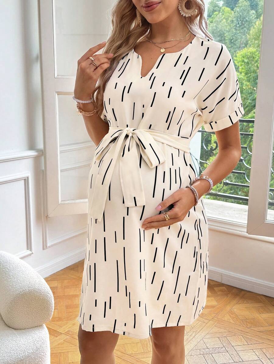 Maternity Casual Notched Neck Short Sleeve A-Line Dress High Waist Batwing Sleeve Mini Dress for Night Out