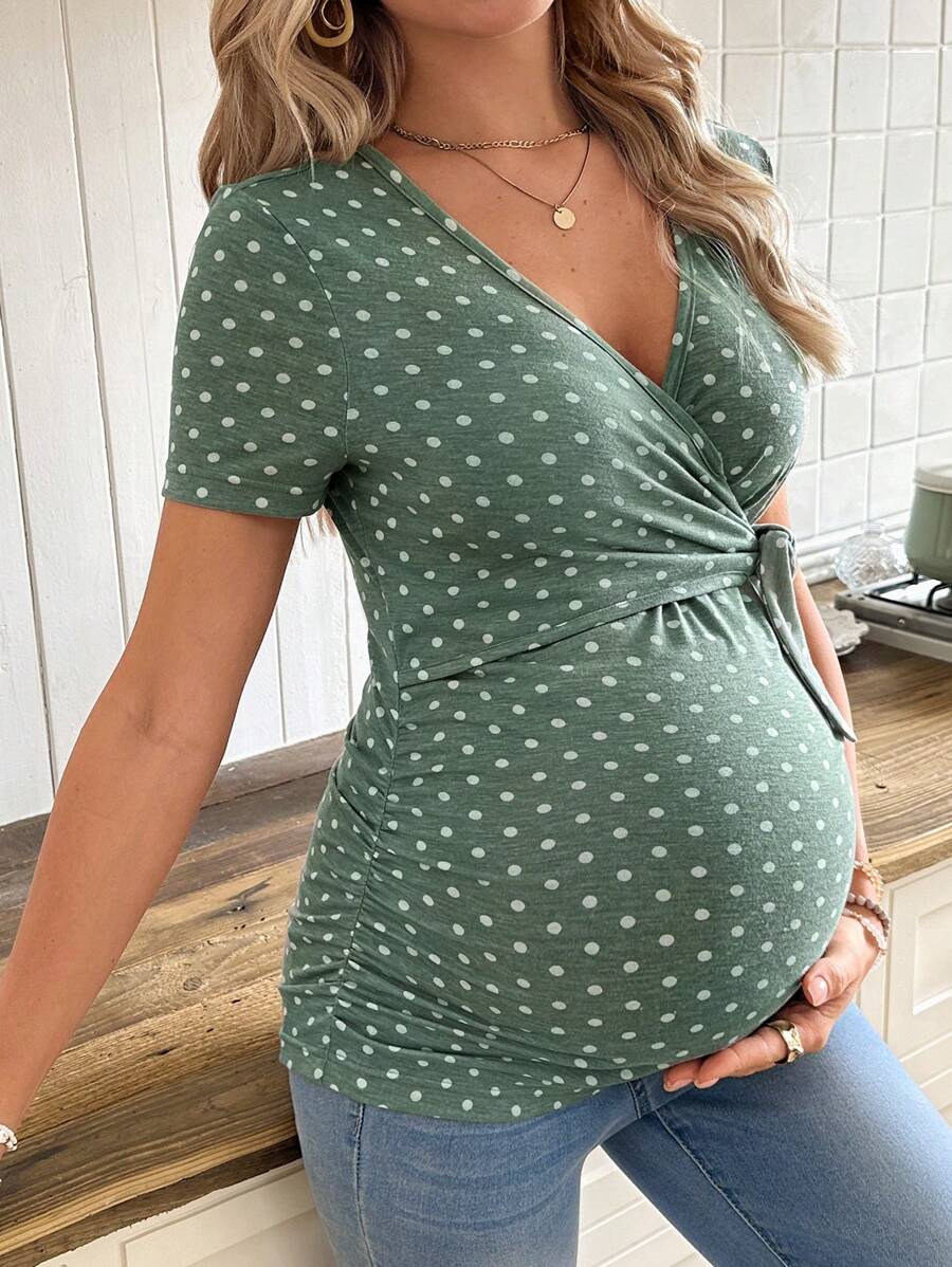 Casual Tie Front Polka Dot Maternity T-Shirt - Slim Fit V Neck Short Sleeve White Knitted Pregnancy Top for Home and Easter