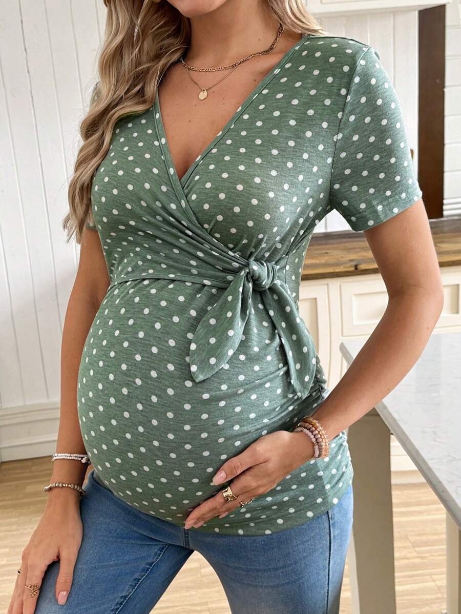 Casual Tie Front Polka Dot Maternity T-Shirt - Slim Fit V Neck Short Sleeve White Knitted Pregnancy Top for Home and Easter