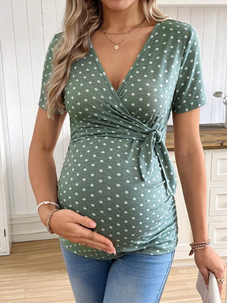 Casual Tie Front Polka Dot Maternity T-Shirt - Slim Fit V Neck Short Sleeve White Knitted Pregnancy Top for Home and Easter