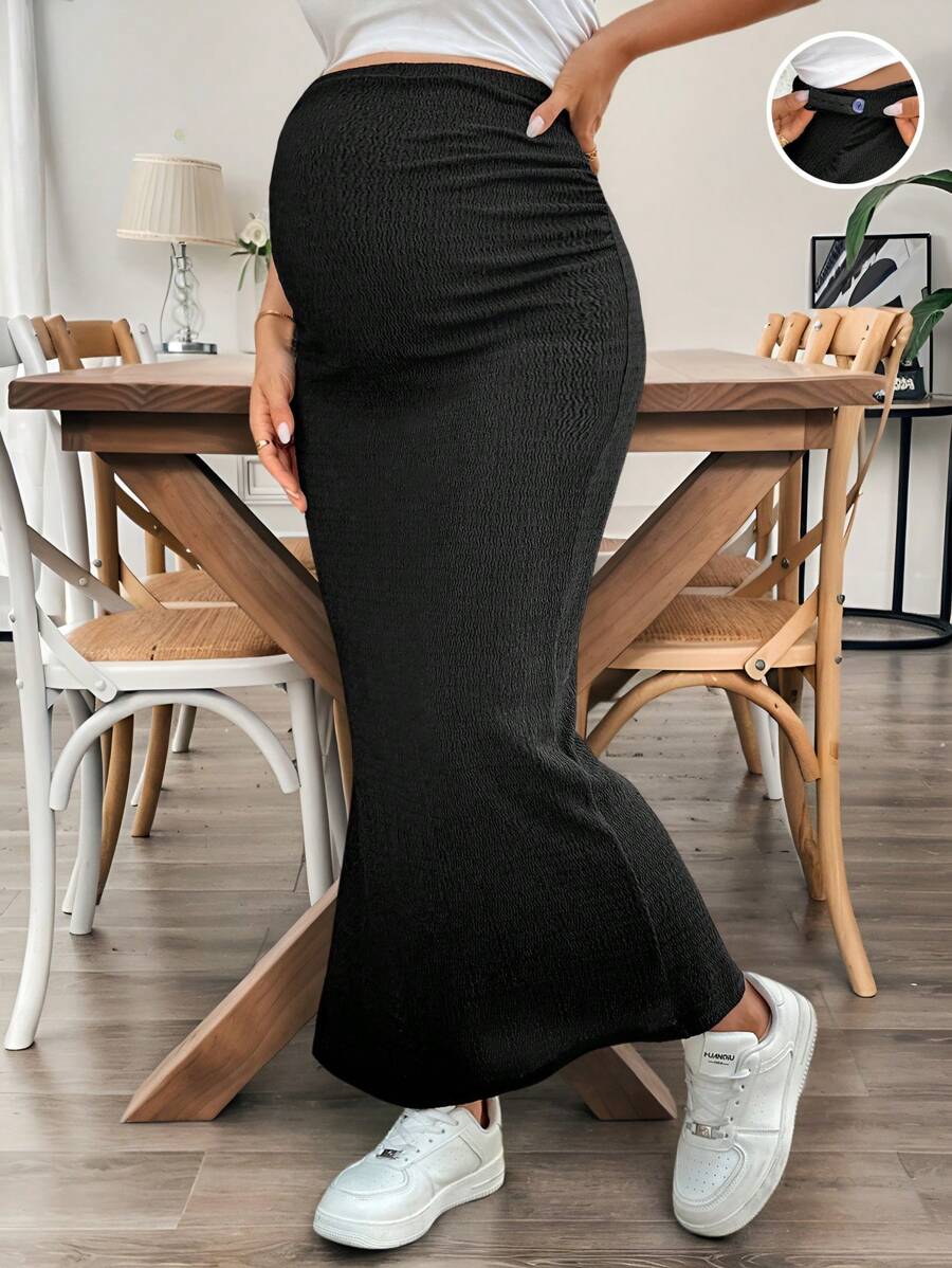Maternity High Waist Side Slit Pencil Skirt Long Coffee Brown Skinny Fit Knit Skirt for Summer Beach and Casual Wear