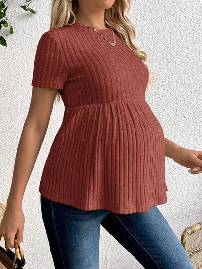 Maternity Apricot Short Sleeve Ruffle Hem Long Tunic Top - Slim Fit Ribbed Knit Casual Round Neck Flared Maternity Shirt