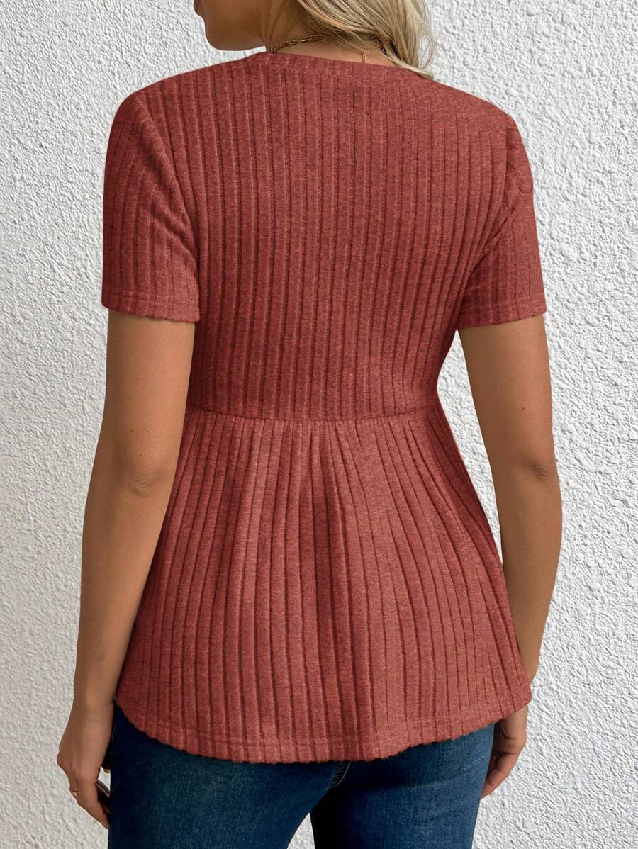 Maternity Apricot Short Sleeve Ruffle Hem Long Tunic Top - Slim Fit Ribbed Knit Casual Round Neck Flared Maternity Shirt