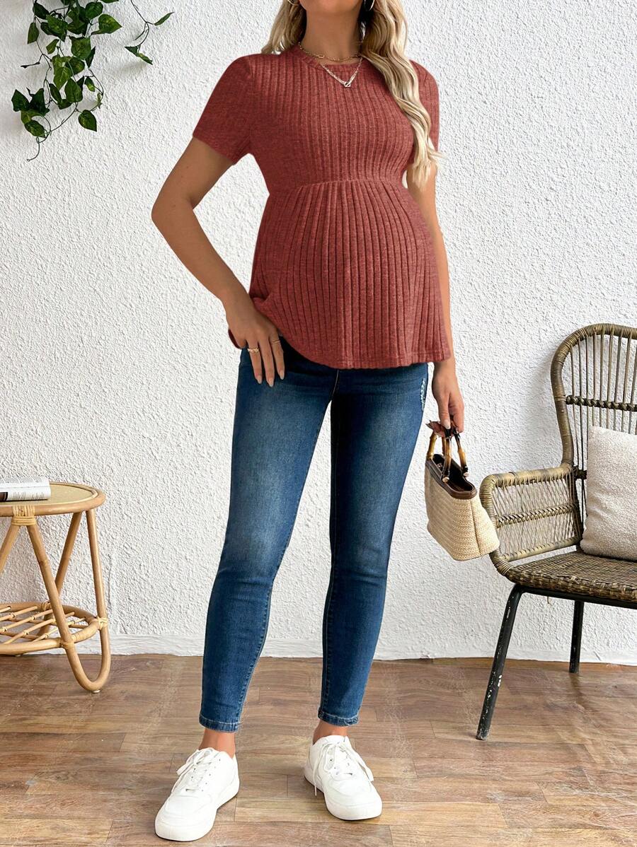 Maternity Apricot Short Sleeve Ruffle Hem Long Tunic Top - Slim Fit Ribbed Knit Casual Round Neck Flared Maternity Shirt