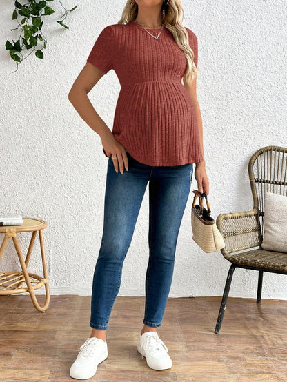 Maternity Apricot Short Sleeve Ruffle Hem Long Tunic Top - Slim Fit Ribbed Knit Casual Round Neck Flared Maternity Shirt