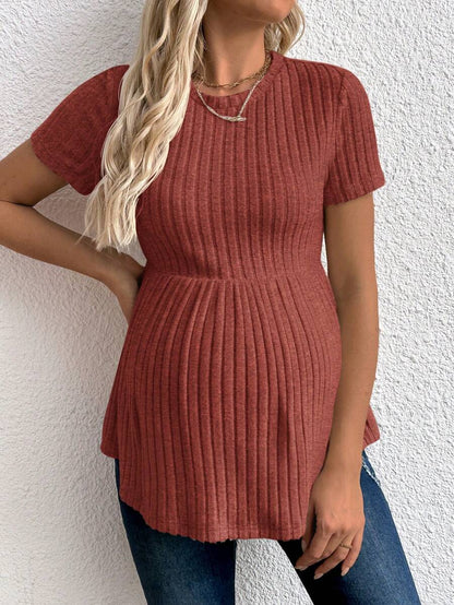 Maternity Apricot Short Sleeve Ruffle Hem Long Tunic Top - Slim Fit Ribbed Knit Casual Round Neck Flared Maternity Shirt