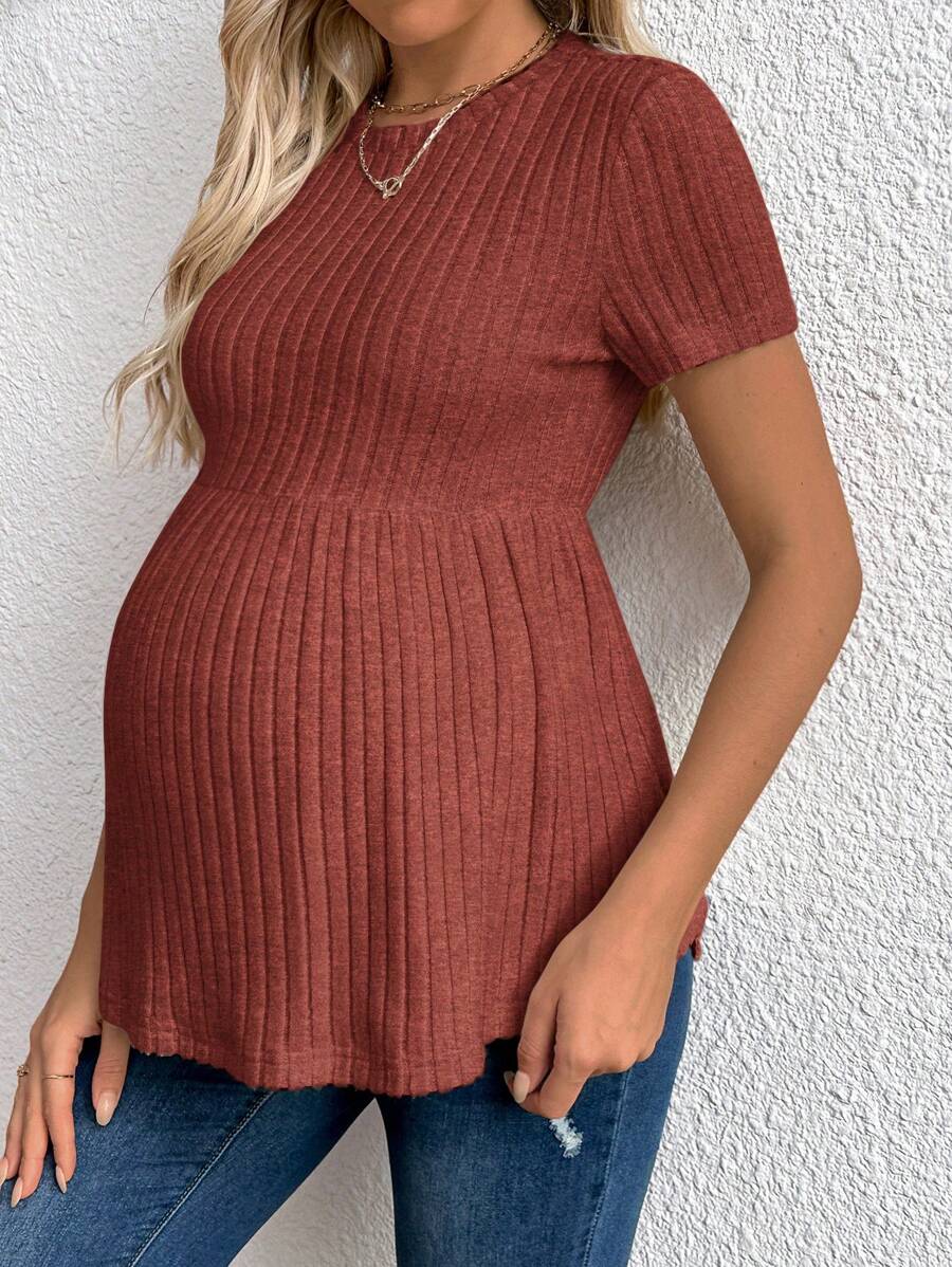 Maternity Apricot Short Sleeve Ruffle Hem Long Tunic Top - Slim Fit Ribbed Knit Casual Round Neck Flared Maternity Shirt