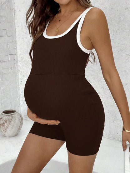 Maternity Contrast Trim Sleeveless Romper - Scoop Neck High Waist Knit Unitard Skinny Fit Casual Short Jumpsuit