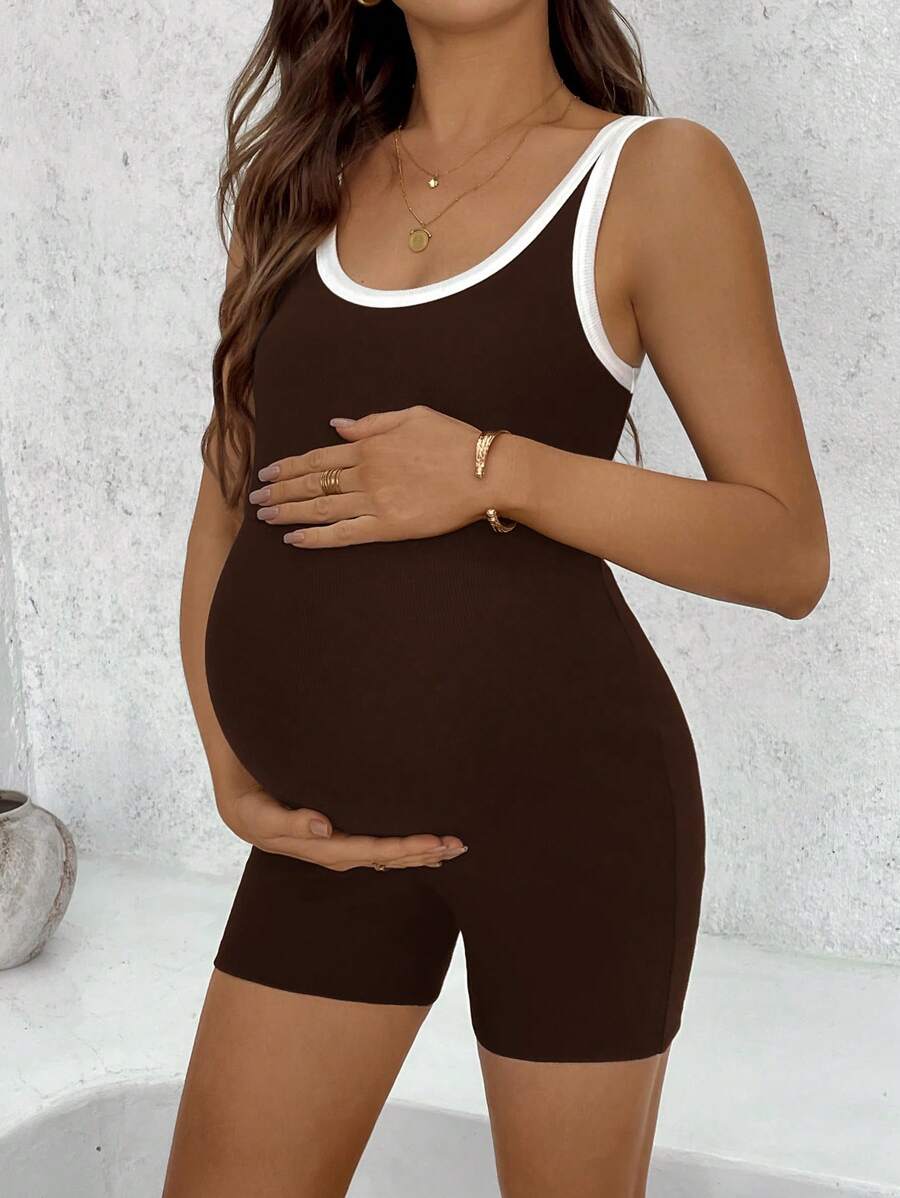 Maternity Contrast Trim Sleeveless Romper - Scoop Neck High Waist Knit Unitard Skinny Fit Casual Short Jumpsuit