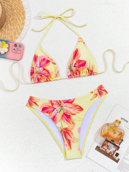 Swim Mod Women's Pink Polka Dot Print Halter Neck Low Waist Triangle Bikini Set, Summer Sexy Spring