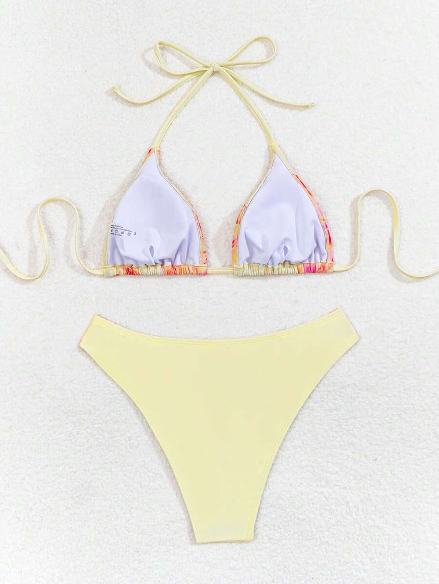 Swim Mod Women's Pink Polka Dot Print Halter Neck Low Waist Triangle Bikini Set, Summer Sexy Spring