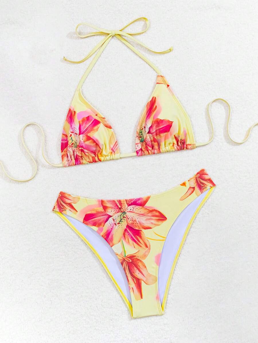 Swim Mod Women's Pink Polka Dot Print Halter Neck Low Waist Triangle Bikini Set, Summer Sexy Spring