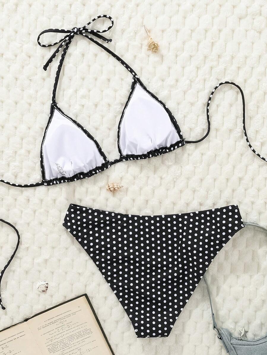 Swim Mod Women's Pink Polka Dot Print Halter Neck Low Waist Triangle Bikini Set, Summer Sexy Spring