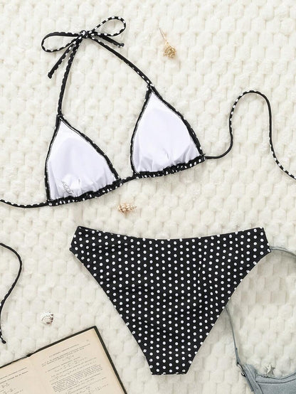 Swim Mod Women's Pink Polka Dot Print Halter Neck Low Waist Triangle Bikini Set, Summer Sexy Spring