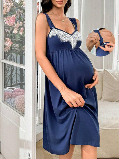 Maternity Contrast Color Lace Collar V-Neck Waist Slip Nightgown Women Nursing Sleepwear Elegant Pajama Dress