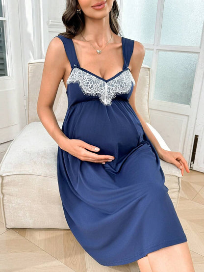 Maternity Contrast Color Lace Collar V-Neck Waist Slip Nightgown Women Nursing Sleepwear Elegant Pajama Dress