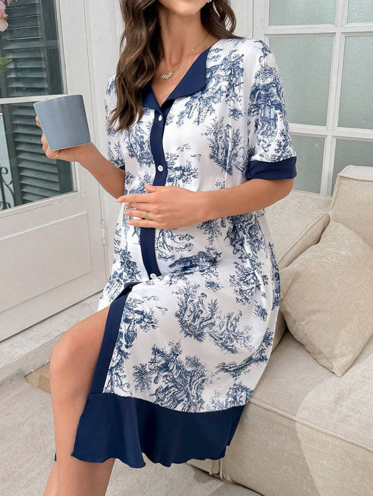 Chinese Style Landscape Print Patchwork Maternity Cardigan Long Nightgown Women Elegant Pregnancy Sleepwear