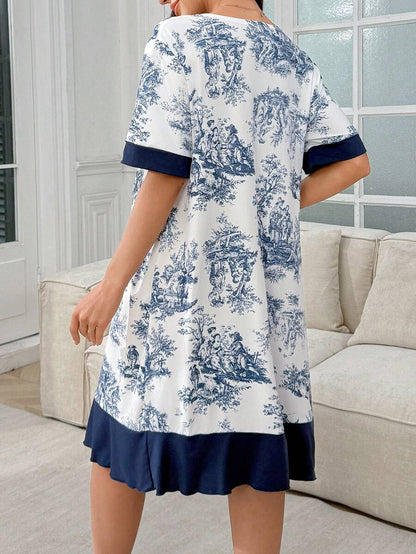 Chinese Style Landscape Print Patchwork Maternity Cardigan Long Nightgown Women Elegant Pregnancy Sleepwear