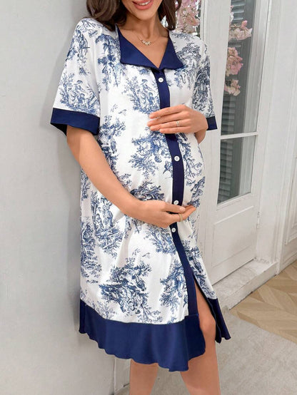Chinese Style Landscape Print Patchwork Maternity Cardigan Long Nightgown Women Elegant Pregnancy Sleepwear